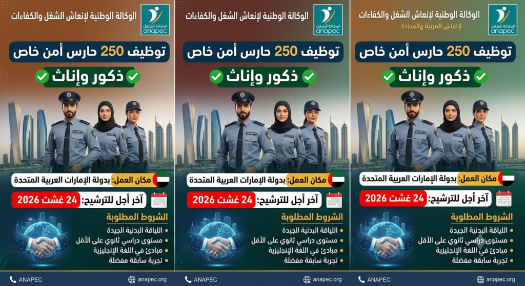 الوكالة الوطنية لإنعاش الشغل والكفاءات: توظيف 250 حارس أمن خاص -ذكور وإناث- بدولة الإمارات العربية المتحدة. آخر أجل 24 غشت 2026