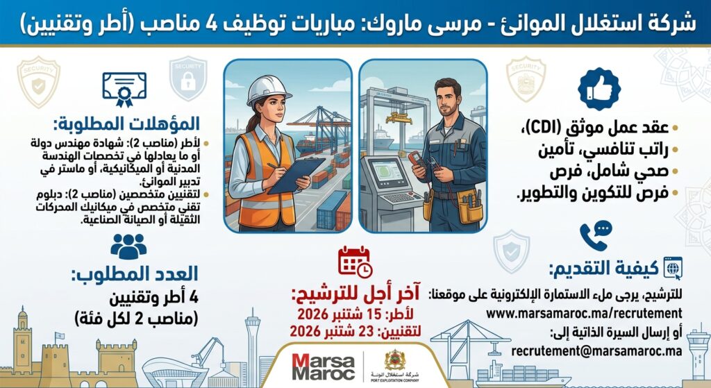 شركة استغلال الموانئ – مرسى ماروك: مباريات توظيف 4 مناصب من أطر وتقنيين. آخر أجل للترشيح هو 15 و23 شتنبر 2026