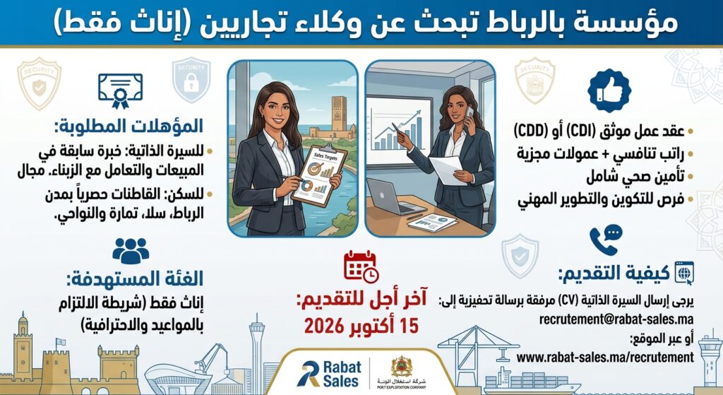 مؤسسة في مدينة الرباط تبحث عن وكلاء تجاريين خاص بالإناث فقط، القاطنات بالرباط وسلا والنواحي