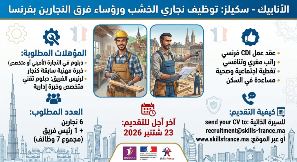 الأنابيك – سكيلز: توظيف 6 نجاري الخشب و1 رئيس فريق النجارين بفرنسا، آخر أجل هو 23 شتنبر 2026