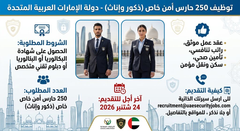 توظيف 250 حارس أمن خاص -ذكور وإناث- بدولة الإمارات العربية المتحدة للحاصلين على شهادة الباك أو تقني متخصص. آخر أجل 24 شتنبر 2026